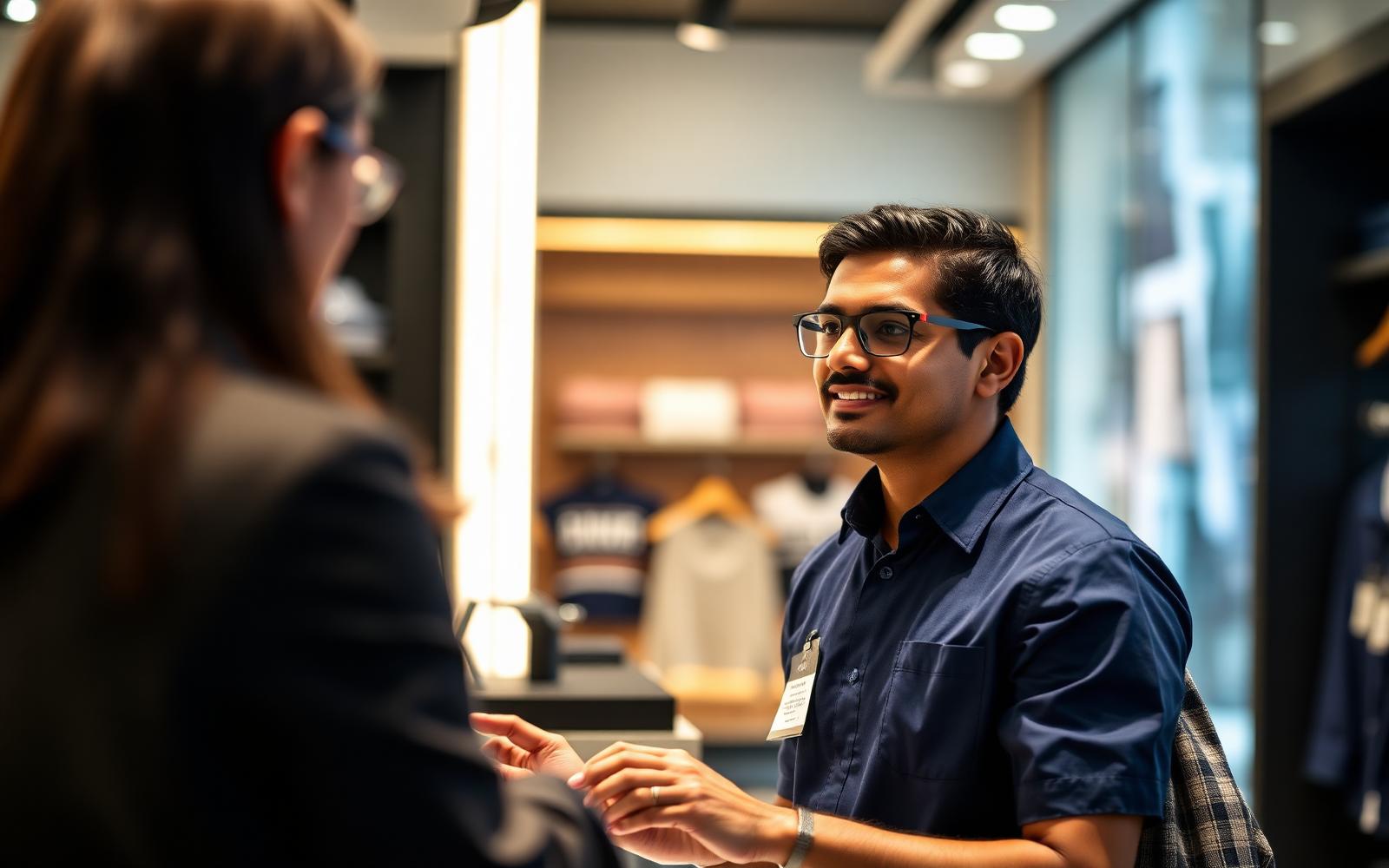 Retail sales professional assisting a customer in a modern store